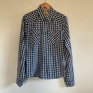 Hollister Shirt Mens XL Western Pearl Snap blue Gingham Check Shirt Cowboy Rodeo